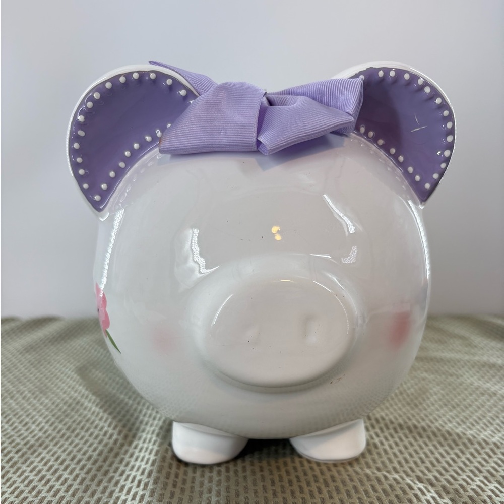 Child to Cherish Ceramic Piggy Bank Paper Bird Design White with Purple Bow EUC